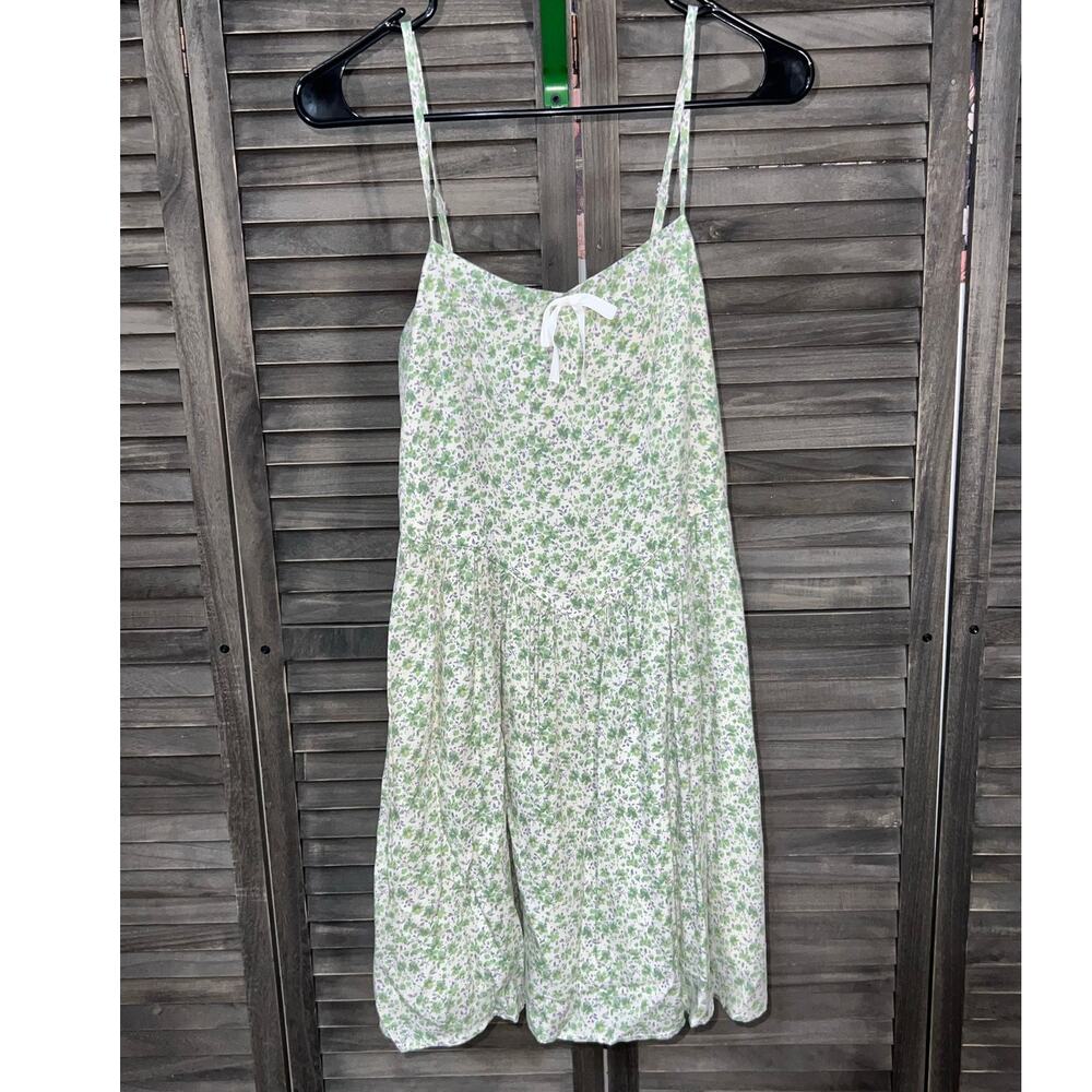 Green Floral Milkmaid Mini Dress Smocked Back Bow Detail Medium NWOT